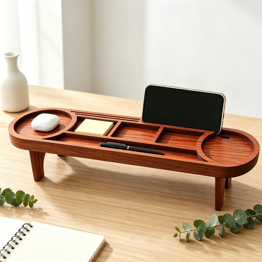 Tech Office Accessories - Wooden Desk Organizer with Phone Stand